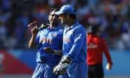 Auckland: Indian cricketers Mohit Sharma and M S Dhoni during an ICC World Cup 2015 match between India and Zimbabwe at the Eden Park in Auckland, New Zealand on March 14, 2015. (Photo: IANS)