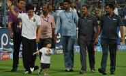Kolkata: Kolkata Knight Riders (KKR) co-owner and actor Shah Rukh Khan with his son AbRam at the Eden Gardens during an IPL-2015 match between Kolkata Knight Riders and Mumbai Indians in Kolkata, on April 8, 2015. (Photo: IANS)
