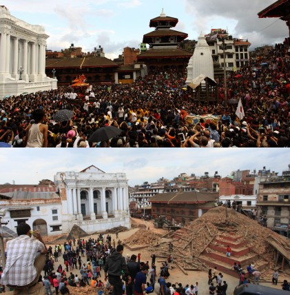 The combo photo shows Nepalese devotees participating in a procession of chariots of god and goddess Ganesh, Kumari and Bhairav during the last day of Indrajatra festival at Durbar Square in Kathmandu, Nepal, Sept. 22, 2013 (above) and the ruins on the Durbar Square after an earthquake in Kathmandu, capital of Nepal, on April 25, 2015. (Image source: IANS)