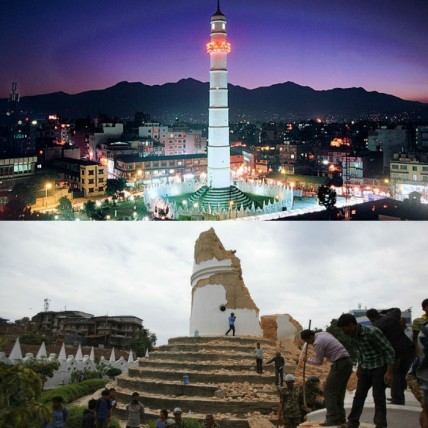 The combo photo shows a stunning visual of the Dharahara tower at night (above) and the ruins of this iconic building after an earthquake in Kathmandu, capital of Nepal, on April 25, 2015. (Image courtesy: wikitravel.com and mashable.com)
