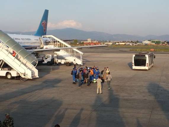 Members of Blue Sky Rescue Team, a Chinese civilian rescue team, arrive at the airport of Katmandu, Nepal. (Image source: IANS)