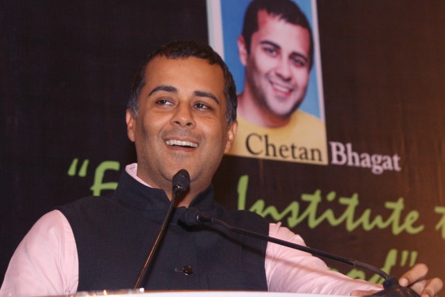 Author Chetan Bhagat during the launch of his book "Half Girlfriend" at IIT, in New Delhi. (Image source: IANS)