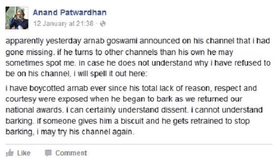 Anand Patwardhan's Facebook post on 12 January 2016. Source: Facebook