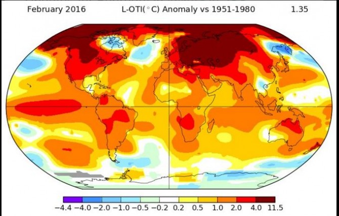 Temperature varies from 1951-1980 average in February, 2016. (NASA) Image Courtesy: Twitter