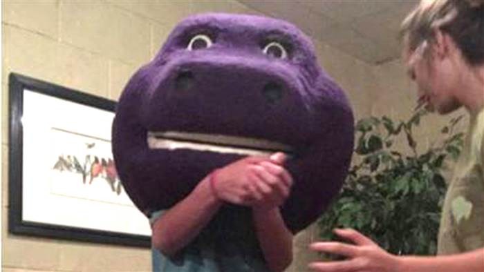 Alabama teen Darby Risner had her friends half laughing, half trying to help when she got stuck in a giant head from a Barney costume.
